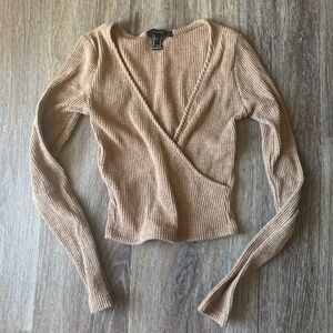 Forever 21 V-Neck Ribbed Sweater in Tan